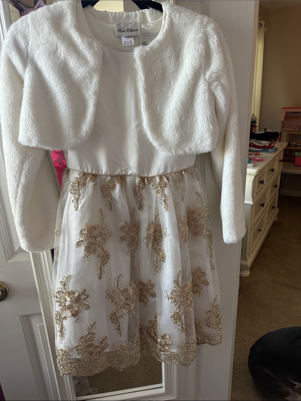 Rare Editions White Dress with Gold Floral Embroidery and White Bolero